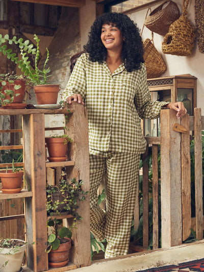 Botanical Green Gingham Linen Pyjama Trousers