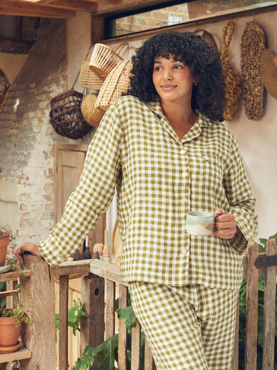 Botanical Green Gingham Linen Pyjama Shirt