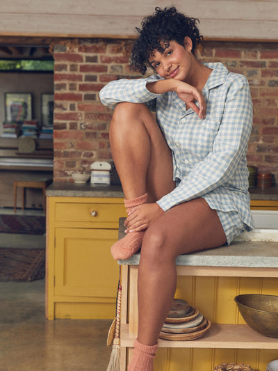 Warm Blue Gingham Linen Pyjama Shorts Set