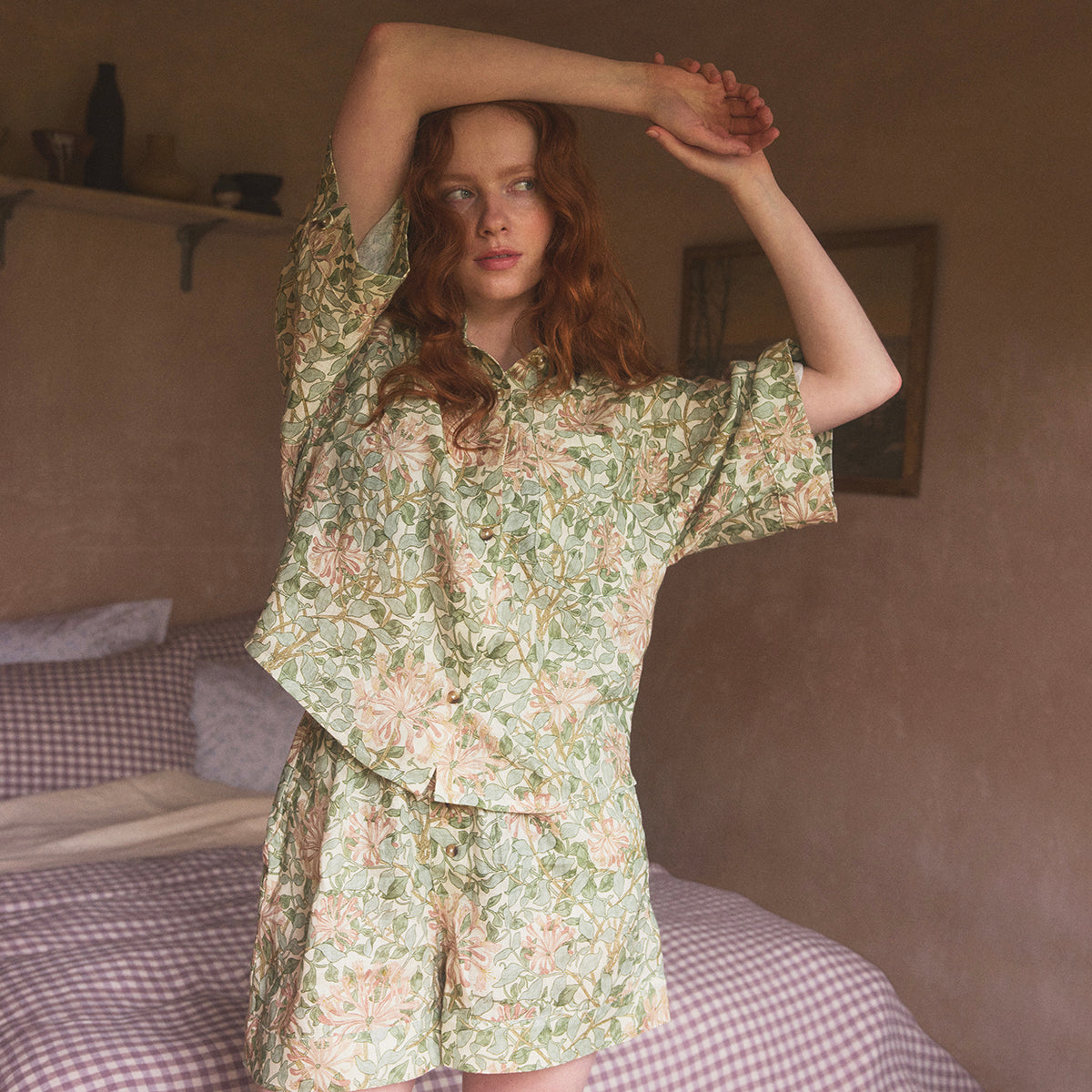 Soft Sage Honeysuckle Linen Women’s Pyjama Shorts Set