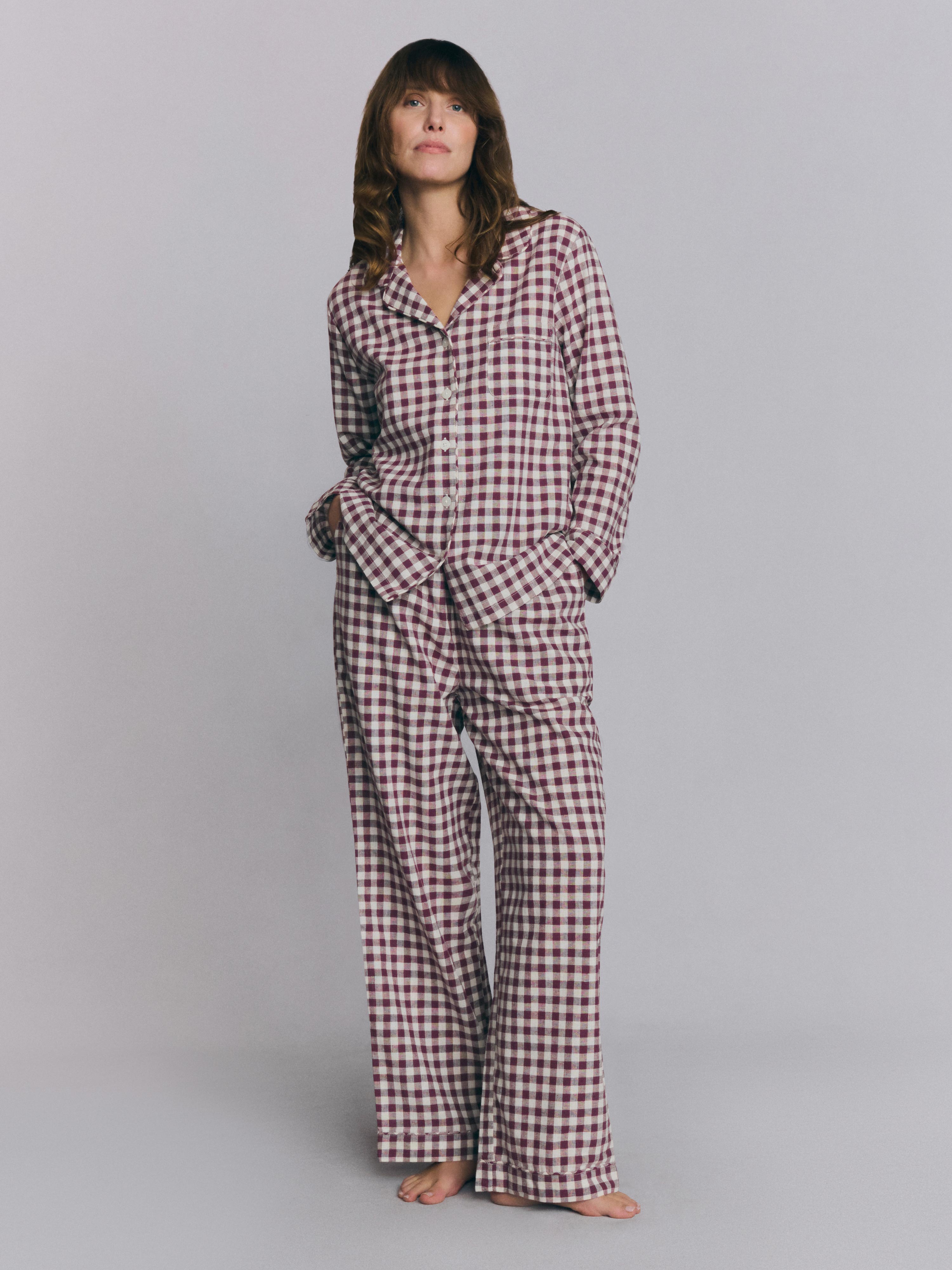 Berry Gingham Linen Blend Pyjama Trouser Set | Piglet in Bed UK