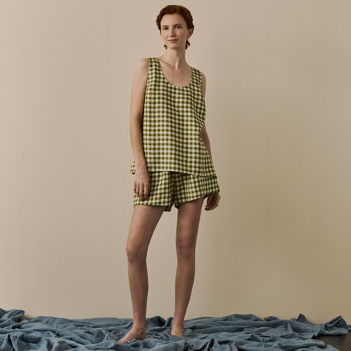 Botanical Green Gingham Linen Cami Set