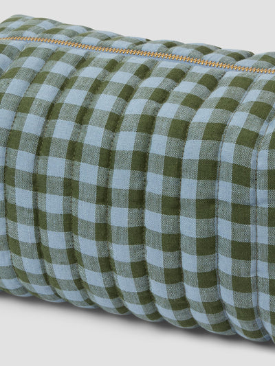 Fern Green & Dusk Blue Colour Drenched Gingham Linen Blend Wash Bag