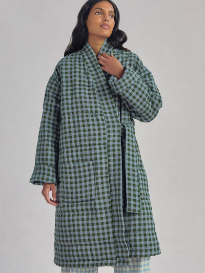 Fern Green & Dusk Blue Colour Drenched Gingham Linen Blend Housecoat