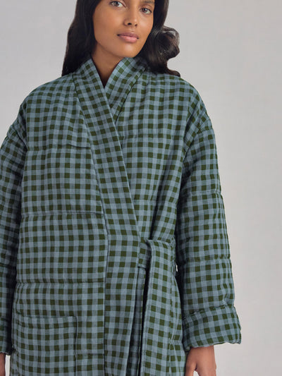 Fern Green & Dusk Blue Colour Drenched Gingham Linen Blend Housecoat