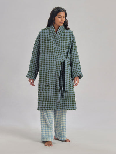 Fern Green & Dusk Blue Colour Drenched Gingham Linen Blend Housecoat