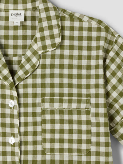 Botanical Green Gingham Linen Blend Pyjama Short Set