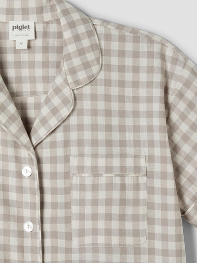 Mushroom Gingham Linen Blend Pyjama Short Set