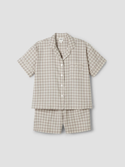 Mushroom Gingham Linen Blend Pyjama Short Set