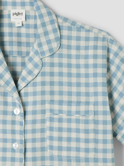 Warm Blue Gingham Linen Blend Pyjama Short Set