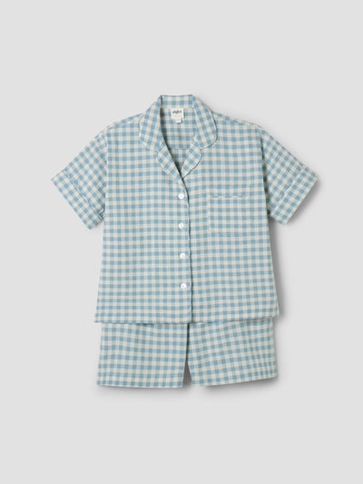 Warm Blue Gingham Linen Blend Pyjama Short Set