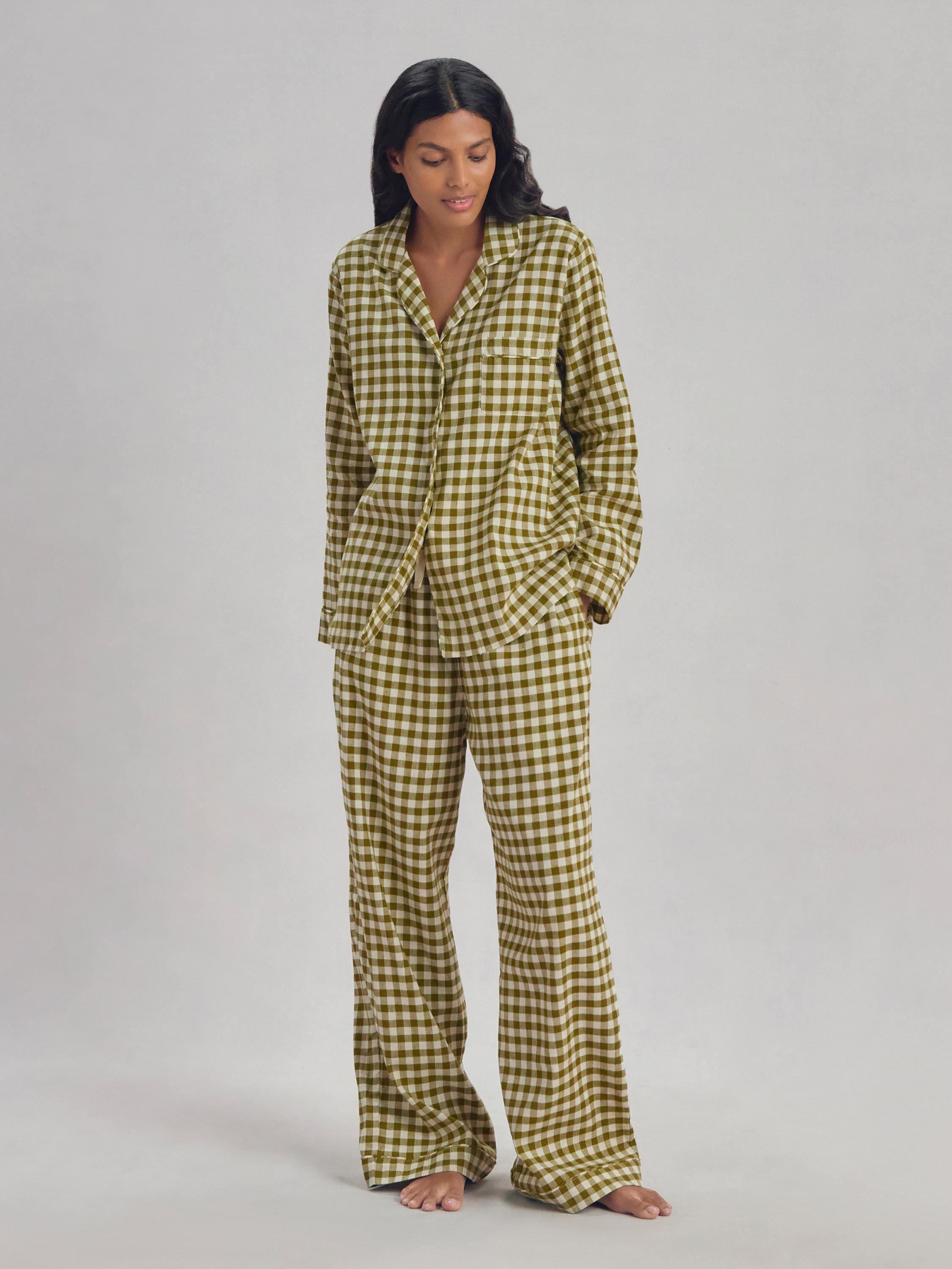 Botanical Green Gingham Linen Blend Pyjama Trouser Set