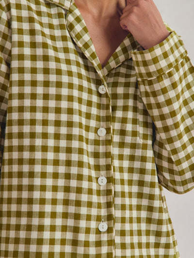 Botanical Green Gingham Linen Blend Pyjama Trouser Set