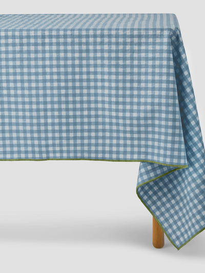 Warm Blue Gingham 100% Linen Tablecloth