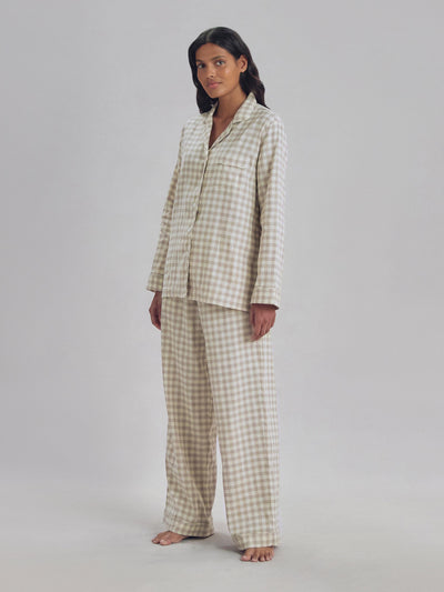 Mushroom Gingham Linen Blend Pyjama Trouser Set