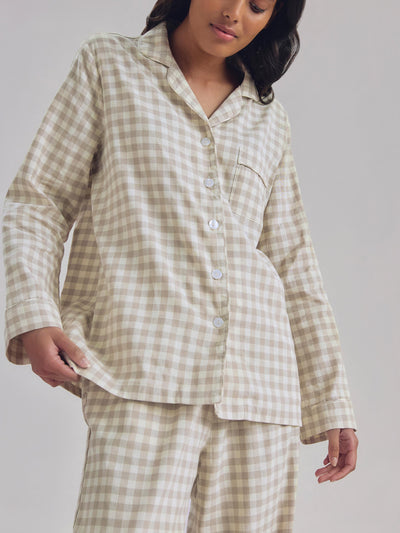 Mushroom Gingham Linen Blend Pyjama Trouser Set