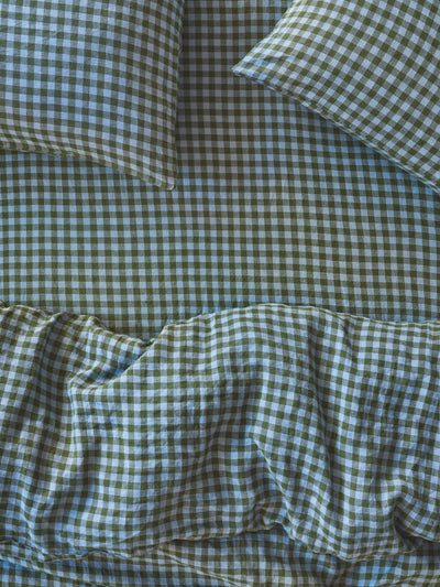 Fern Green & Dusk Blue Colour Drenched Gingham Linen Blend Fitted Sheet