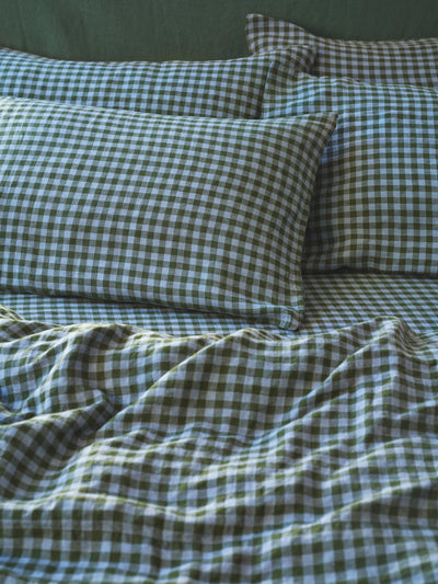 Fern Green & Dusk Blue Colour Drenched Gingham 100% Linen Pillowcases (Pair)