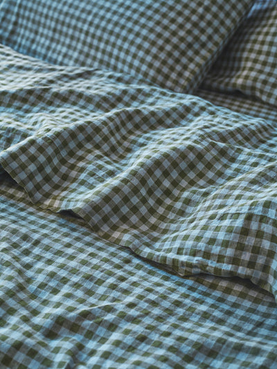 Fern Green & Dusk Blue Colour Drenched Gingham Linen Blend Flat Sheet