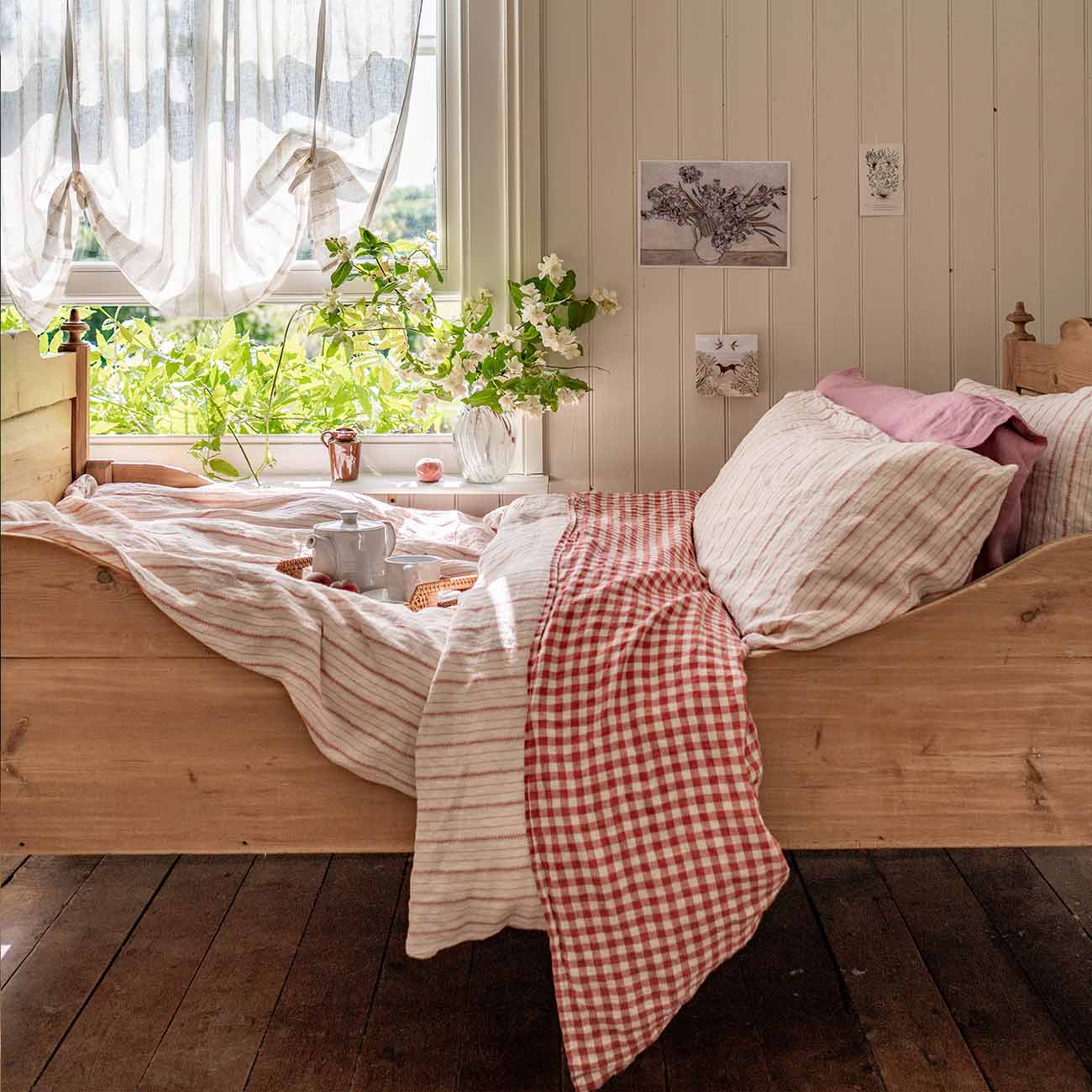 Mineral Red Ticking Stripe Linen Duvet Cover and Pillowcases, Mineral Red Gingham Linen Flat Sheet and Raspberry Linen Pillowcase