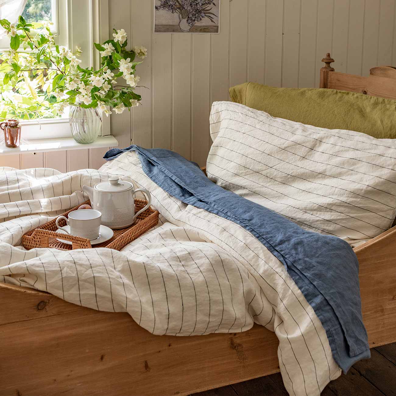 Blueberry Linen Flat Sheet, Luna Stripe Duvet Cover and Pillowcase, Botanical Green Pillowcase