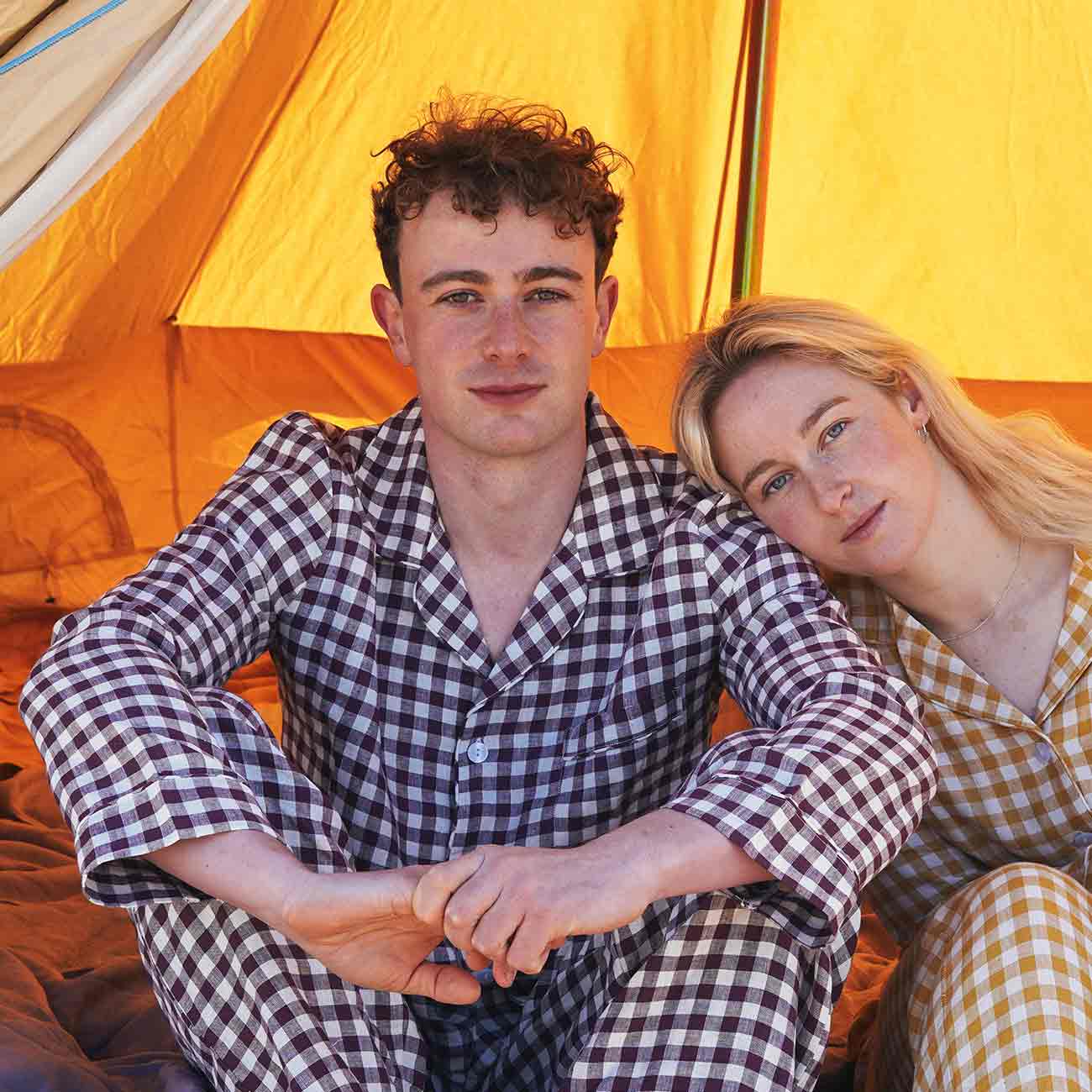 Men's Berry Gingham Pyjama Trouser Set and Women's Honey Gingham Pyjama Trouser Set
