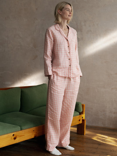 Pink Bloom Gingham Linen Pyjama Trouser Set
