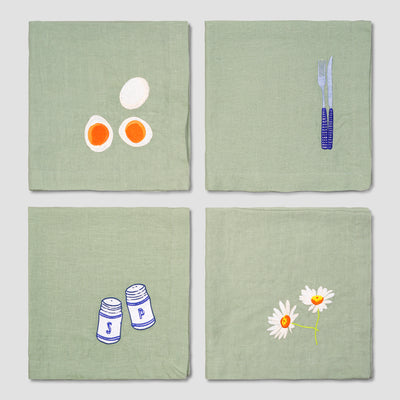 Sage Green Embroidered 100% Linen Napkins Set of 4
