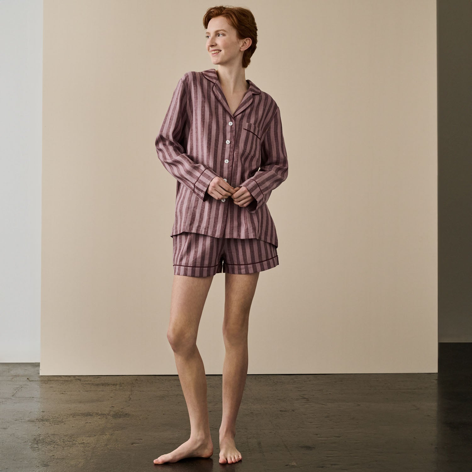 Port & Woodrose Striped Linen Women's PJ Shorts Set