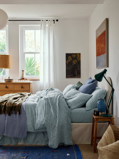 Warm Blue Gingham Linen Blend Duvet Cover