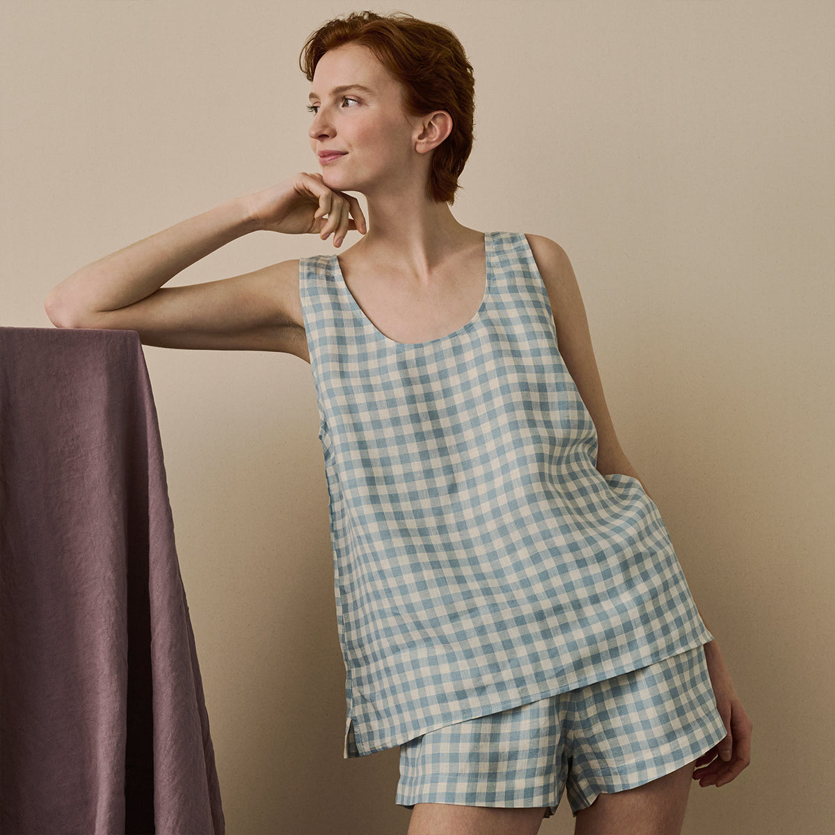 Warm Blue Gingham Linen Cami Set