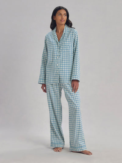 Warm Blue Gingham Linen Blend Pyjama Trouser Set