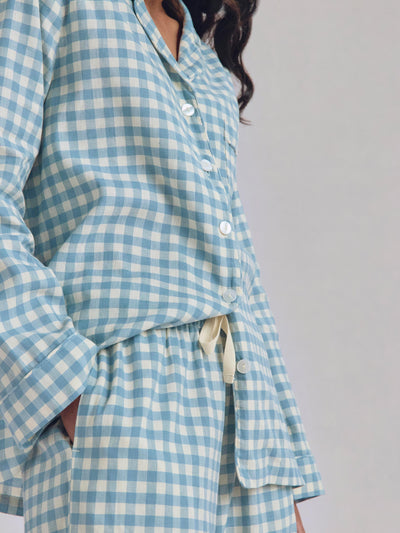 Warm Blue Gingham Linen Blend Pyjama Trouser Set