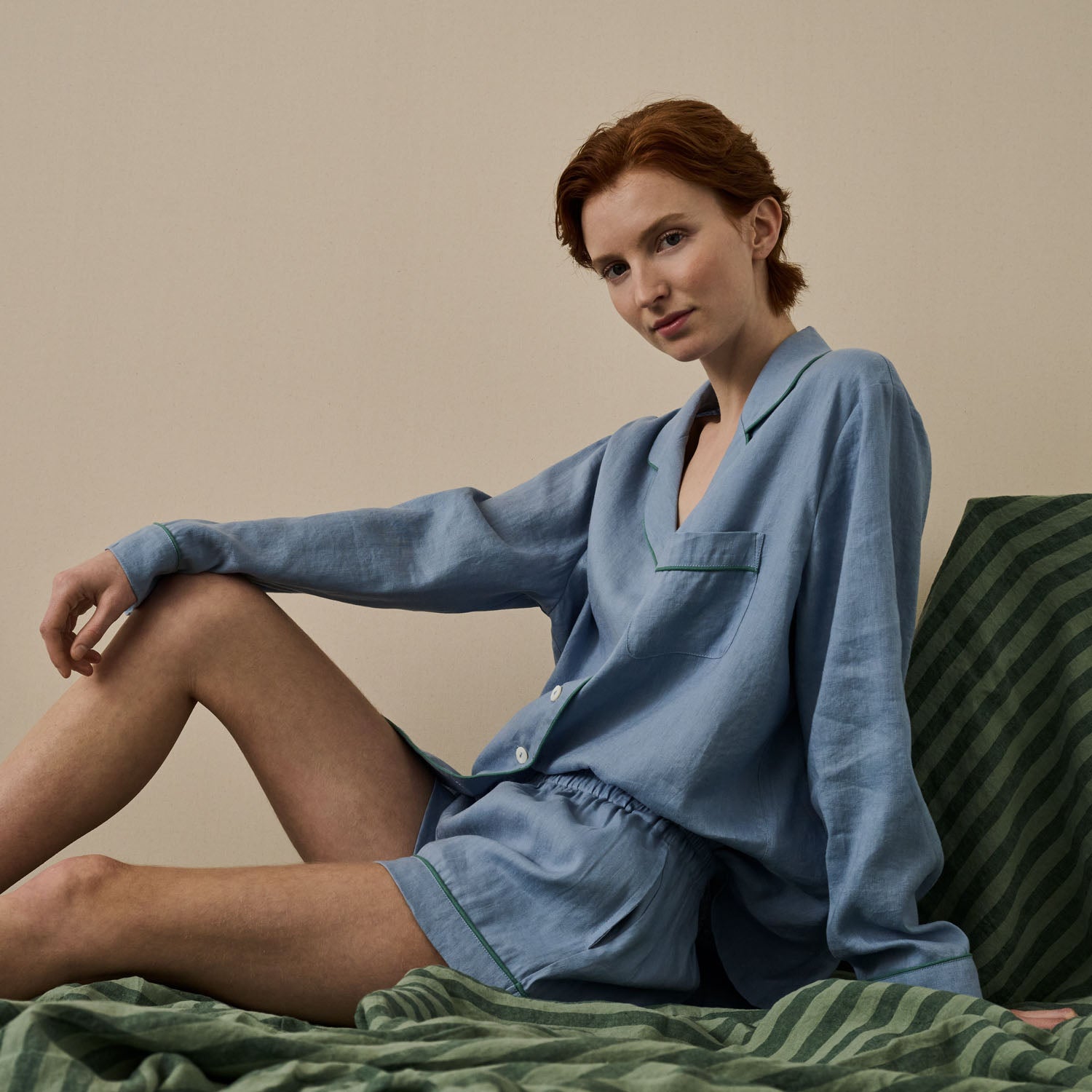 Wave Blue Linen Women's Pyjama Shorts Set