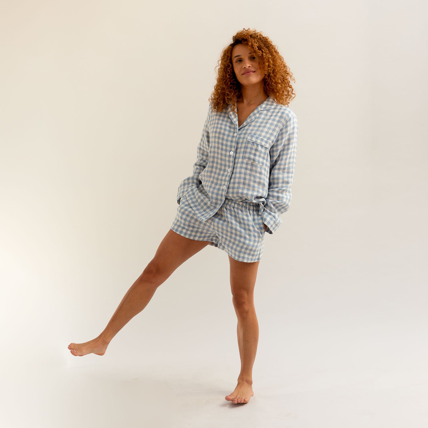 Warm Blue Gingham Linen Pyjama Shorts Set | Piglet in Bed UK