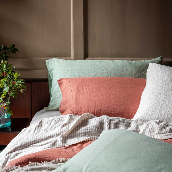 Sage Green, Burnt Orange, Oatmeal and Oatmeal Stripe Linen Bedding