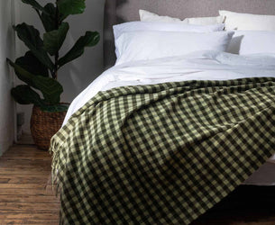 Botanical Green Gingham Wool Blanket - Piglet in Bed