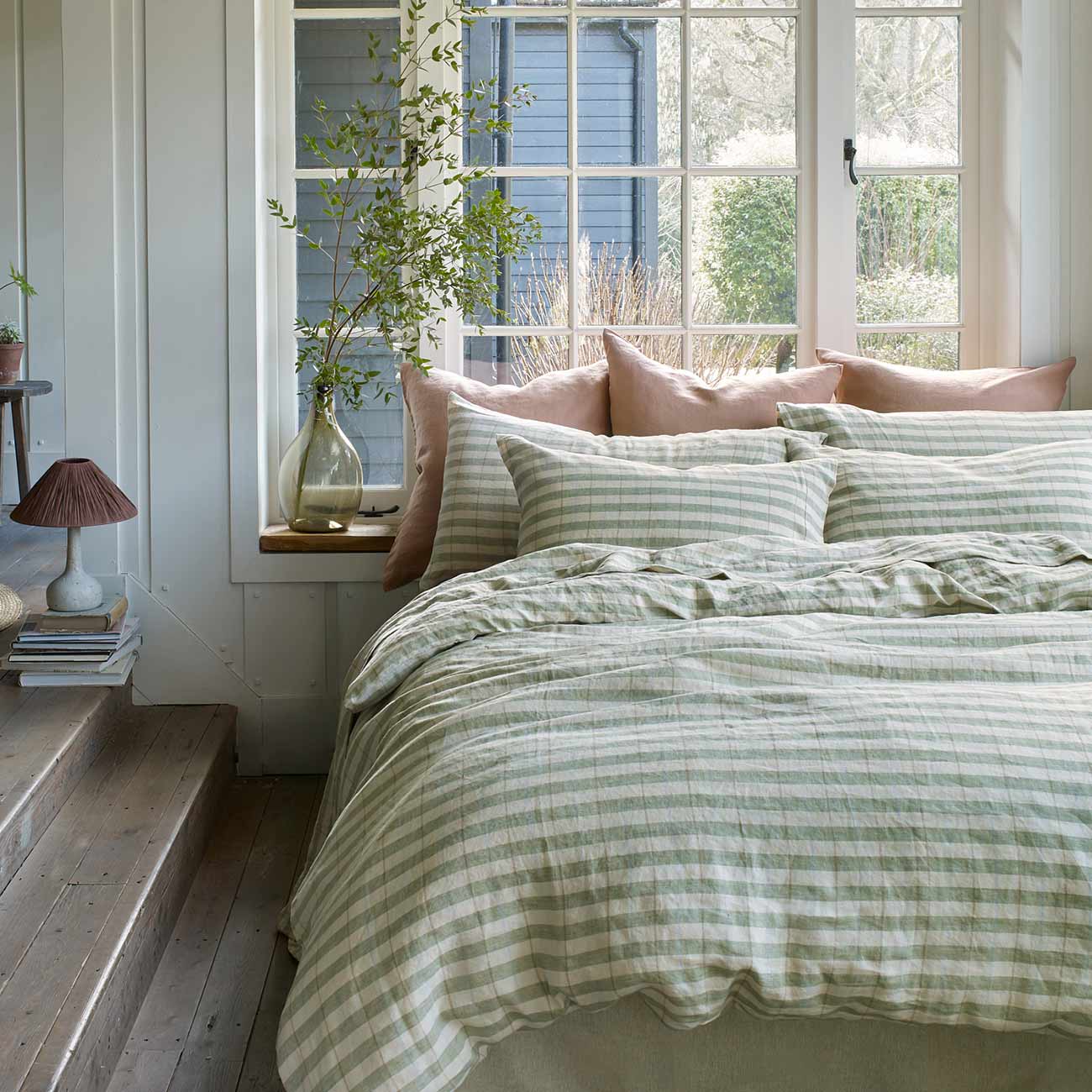 Pear Check Stripe Linen Bedding and Sandstone Linen Square Pillowcases