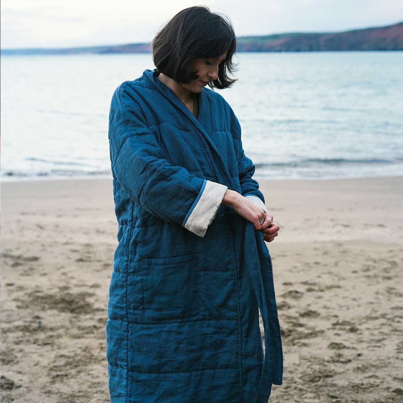 Deep Teal Linen Quilted Housecoat