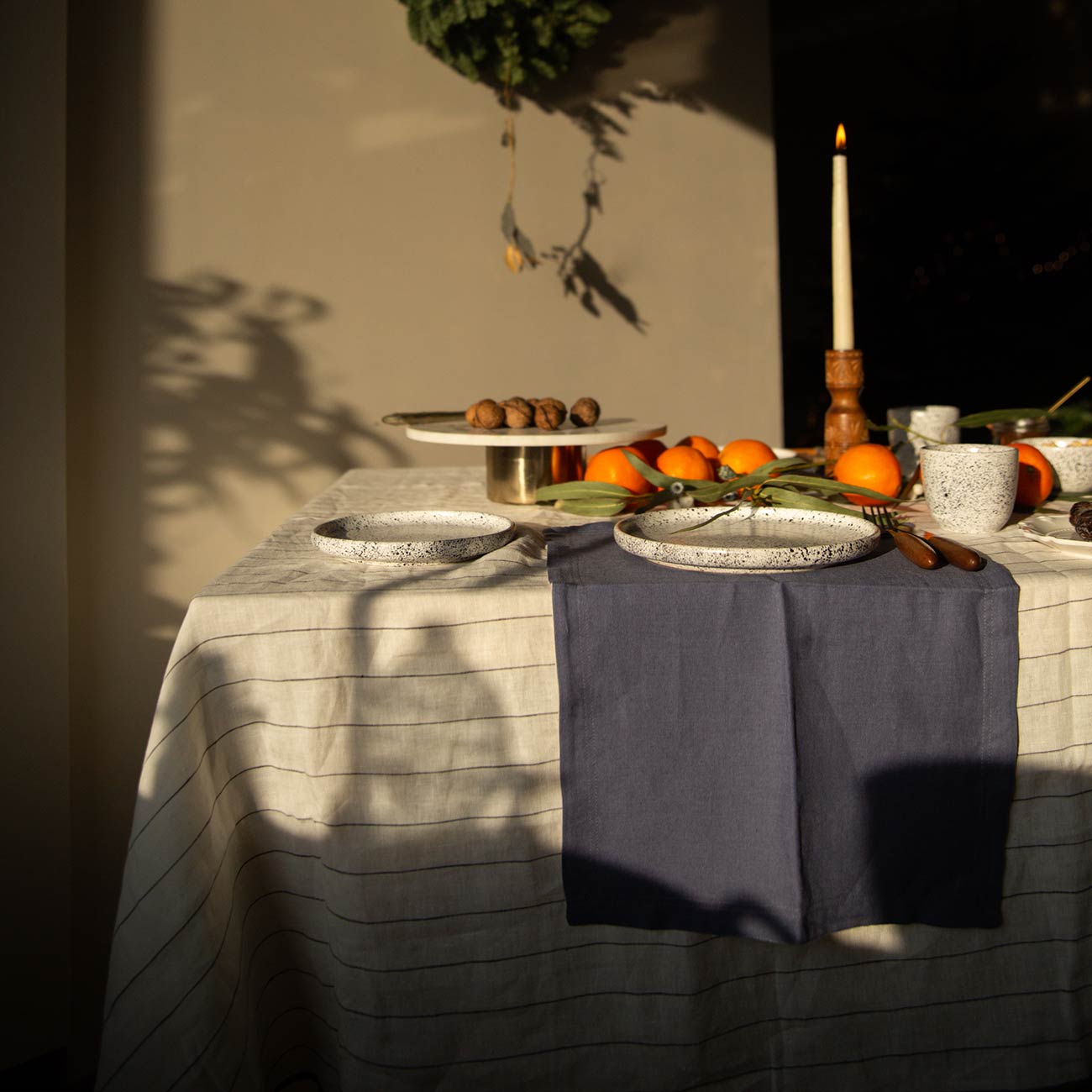 Luna Stripe Linen Tablecloth with Blueberry Tableware