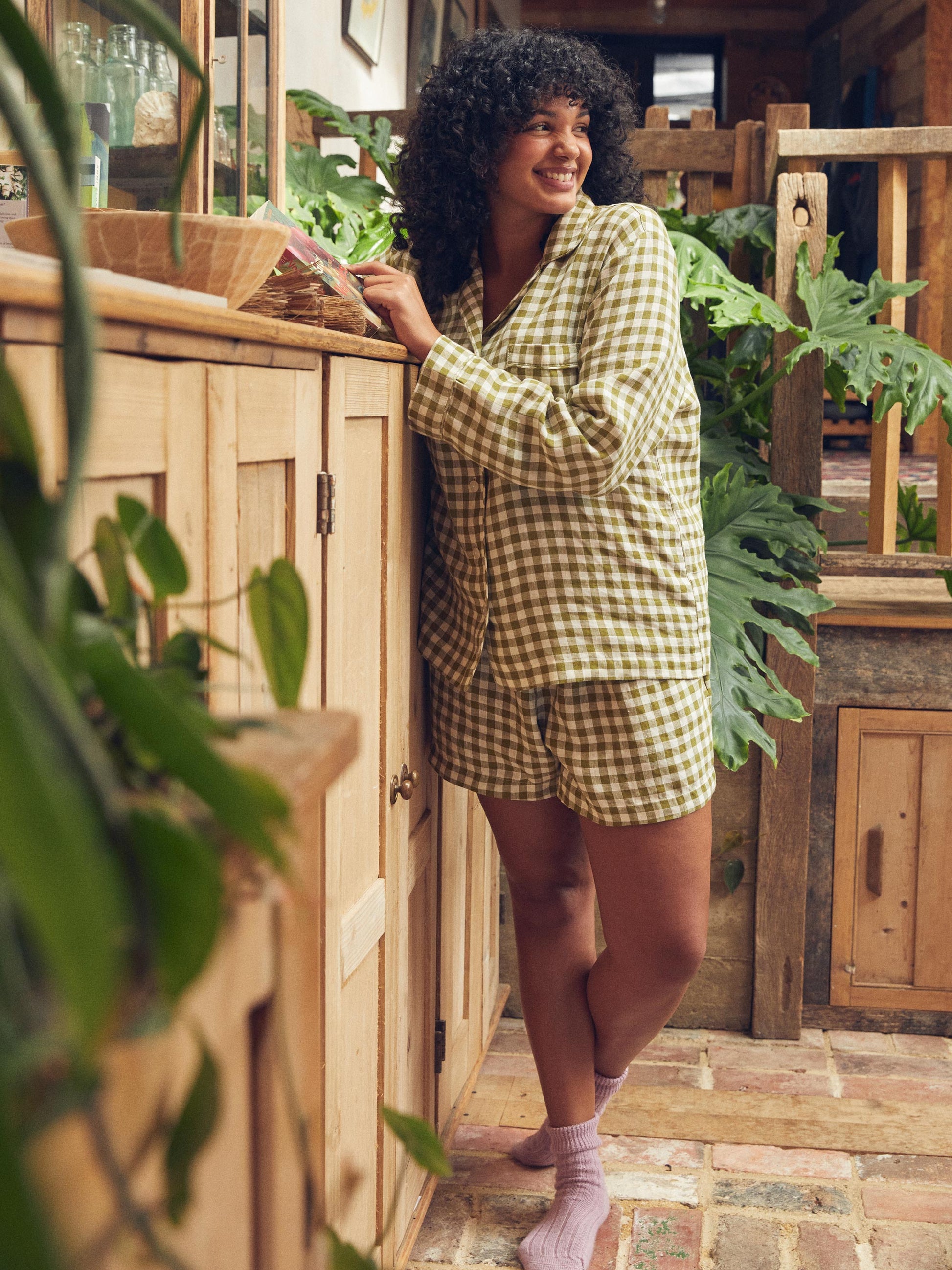 Botanical Green Gingham Linen Pyjama Shorts Set