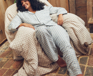 Warm Blue Gingham Linen Blend Pyjama Trouser Set