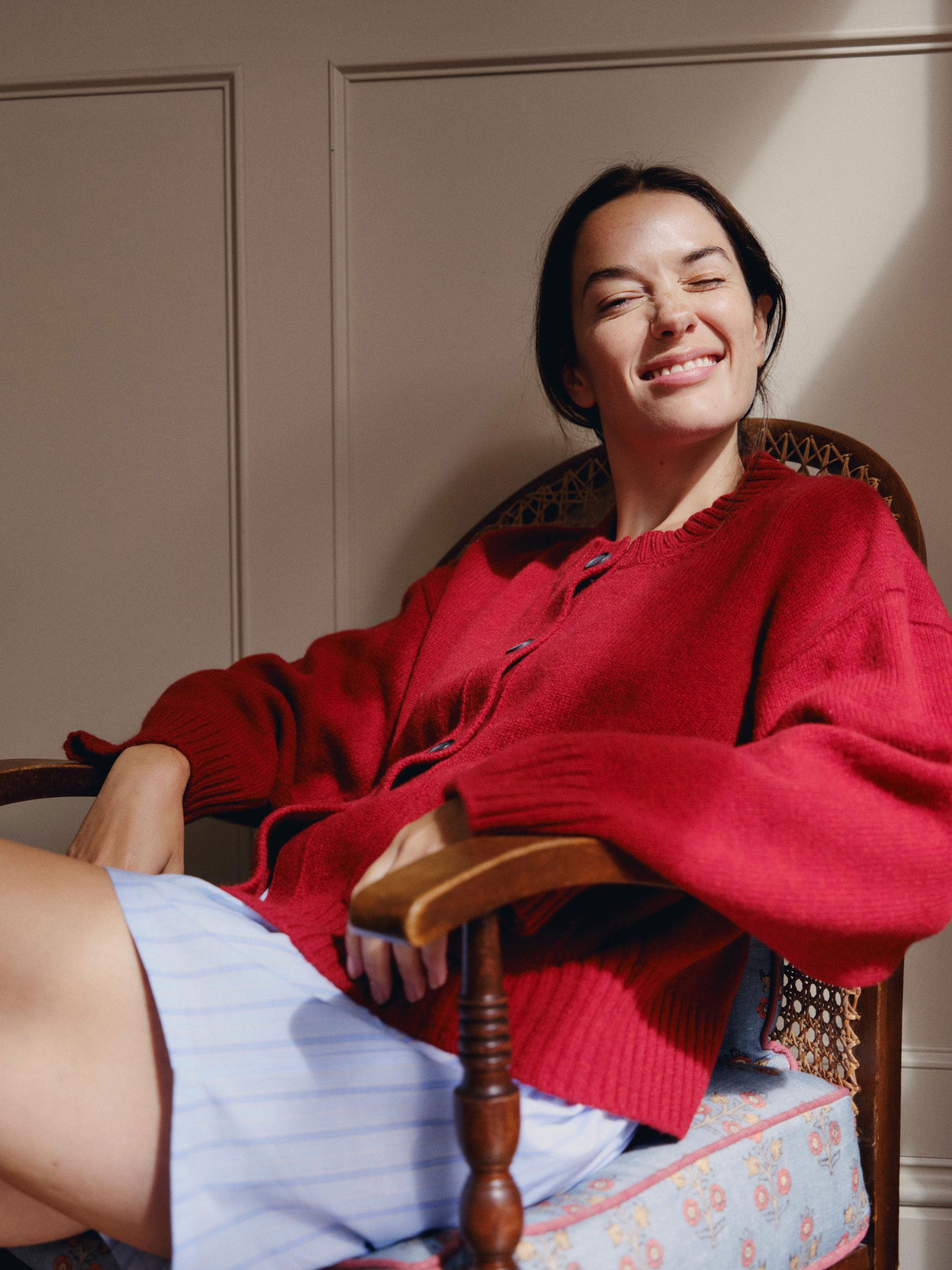 Red Crew Neck Wool Cardigan | Piglet in Bed UK