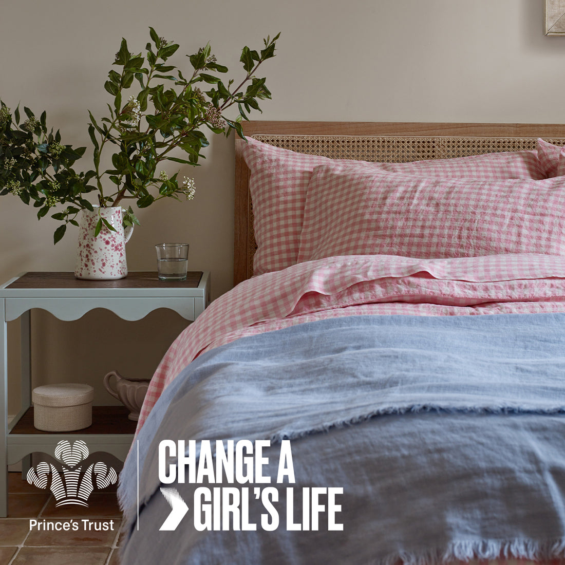 Pink Bloom Gingham 100 Linen Pillowcases (Pair) Piglet in Bed UK