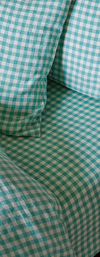 Mocha Gingham Linen Fitted Sheet  | Made in Europe