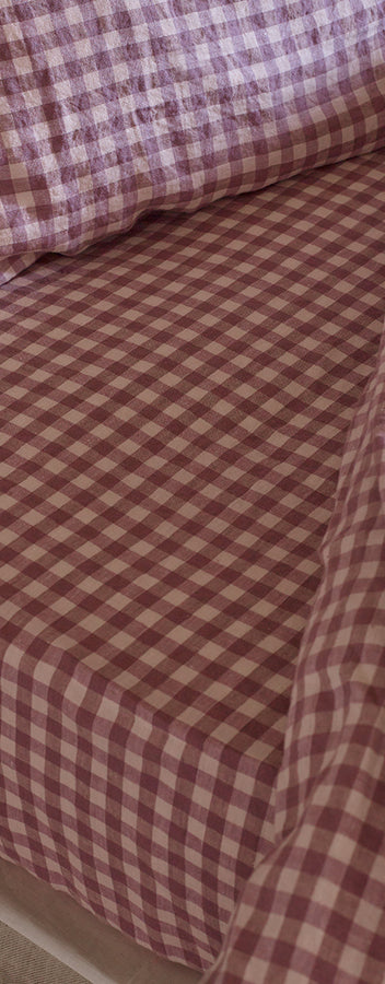 Mocha Gingham Linen Fitted Sheet  | Made in Europe main image 1