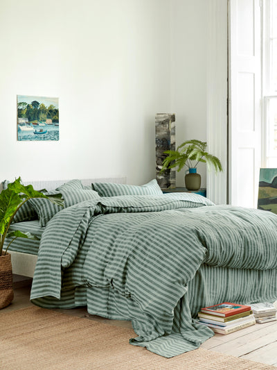 Pine Green Pembroke Stripe 100% Linen Duvet Cover - alternate image