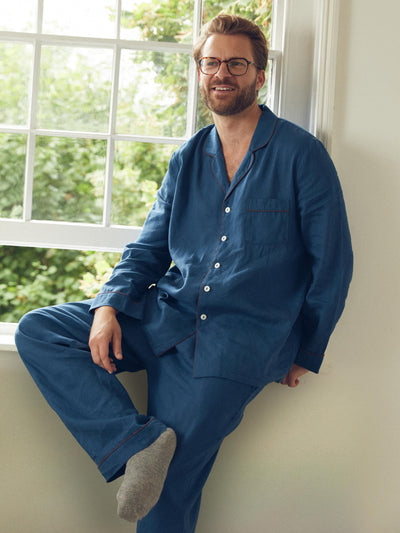 Marine Blue Linen Men's Pyjama Trouser Set - alternate image