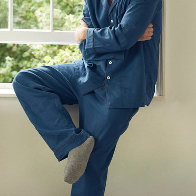 Marine Blue Linen Men's Pyjama Trouser Set - alternate image