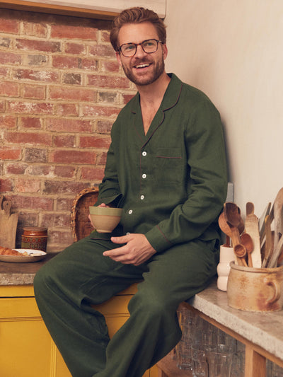 Men's Fern Green Linen Pyjama Trouser Set - alternate image